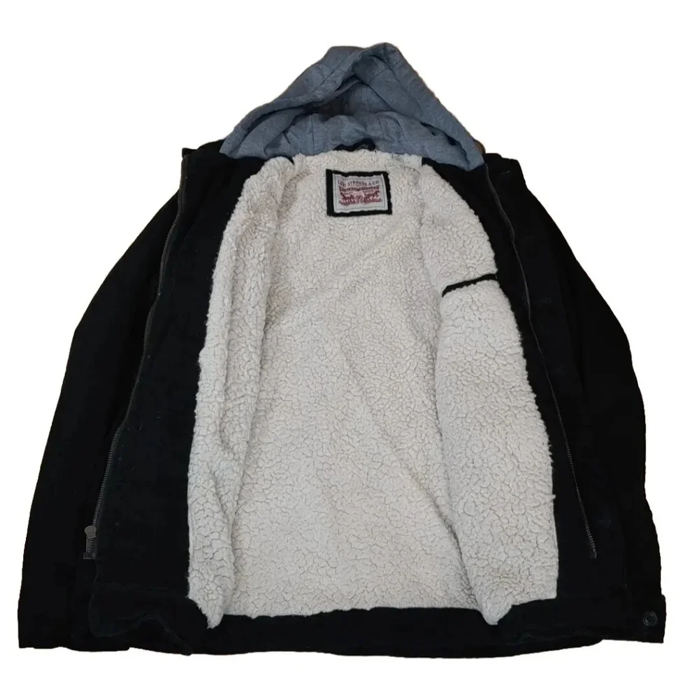 Levi's Sherpa Corduroy Jacket Coat Hipster Preppy Black Hood Button Adult Small - Picture 2 of 13